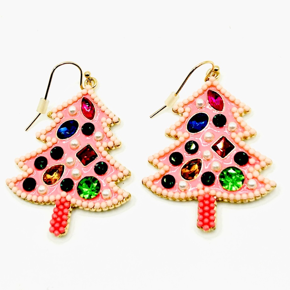 Pink Sparkly Candy Land Christmas Tree Beaded Rhinestone Dangle Earrings NWOT